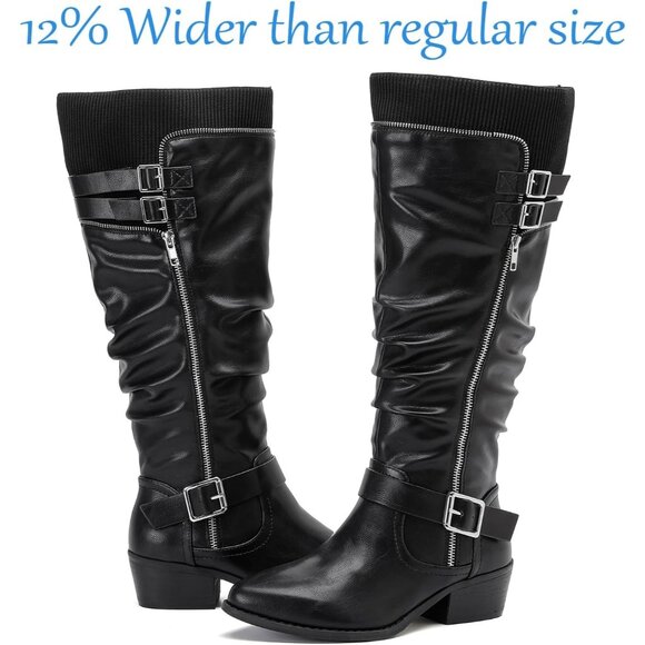 ⚡Women's Black Extra Wide Calf Knee High Boots Knee High Boots Low Stacked Heel - Picture 5 of 6